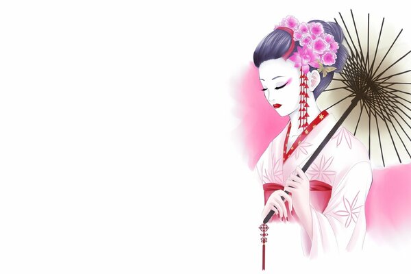 Dessin d une Geisha sur fond blanc