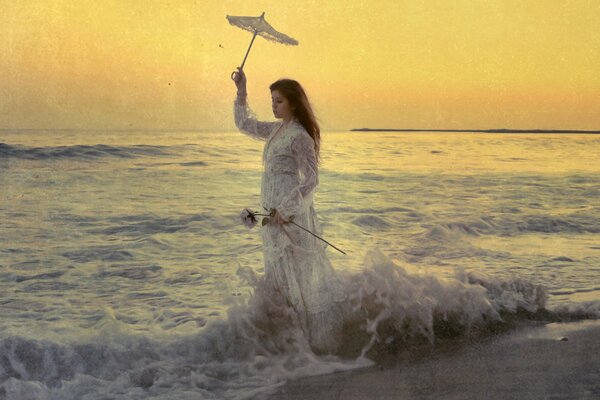 Drawing of a girl with an umbrella in the sea