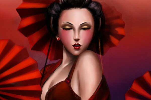 Geisha avec parapluie rouge