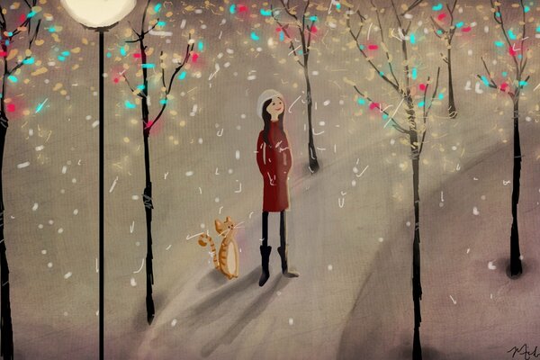 Illustration picture, a girl with a cat walking, trees under snow in winter