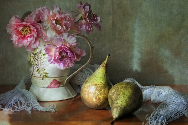 Still life flowers and pears on the table