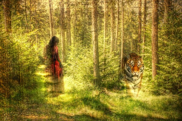 A girl in the forest hiding from a tiger