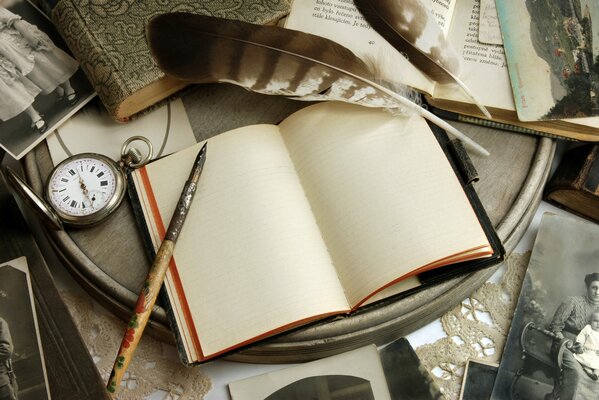 Vintage photo with books, photos and watches