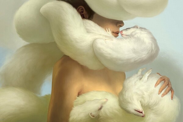 Art with a beautiful girl and white ferrets