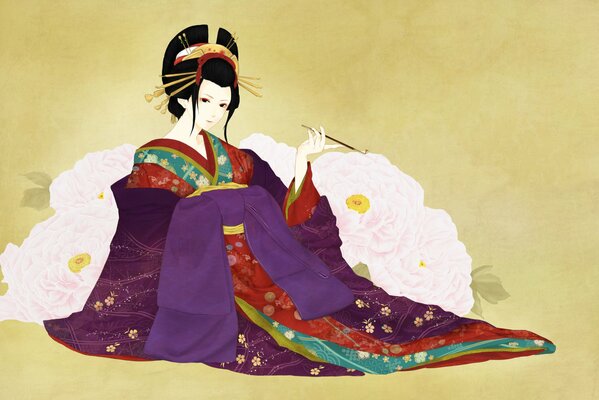 A vivid drawing of a geisha in a kimono with peonies