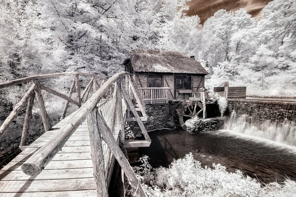 Paysage d hiver avec la maison sur le pont