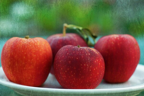 Ripe red apples on a plate