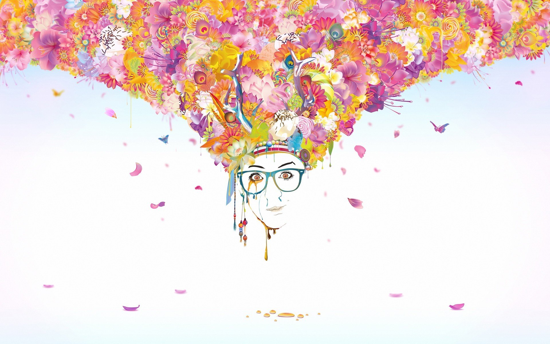 art style papillons fleurs visage lunettes peinture papillons pétales