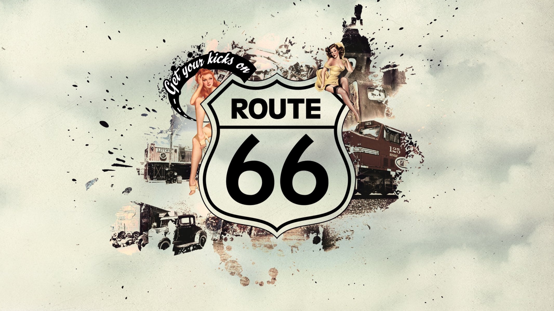 route 66 pin-up stile figura ragazze treno auto lettering modelli immagine ferroviario modelli di auto 2560x1440