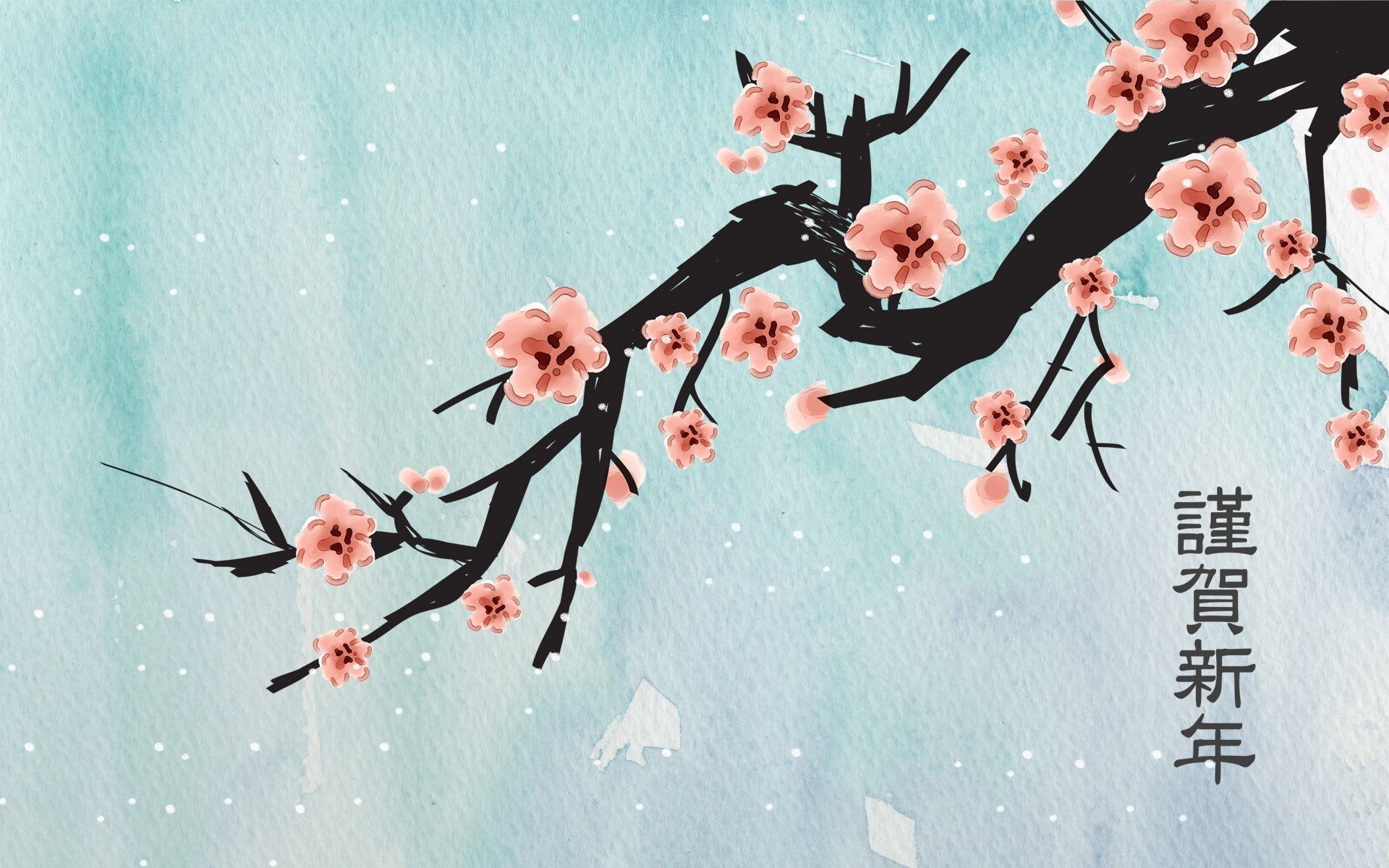 picture sakura branch flower characters snowflakes blue background