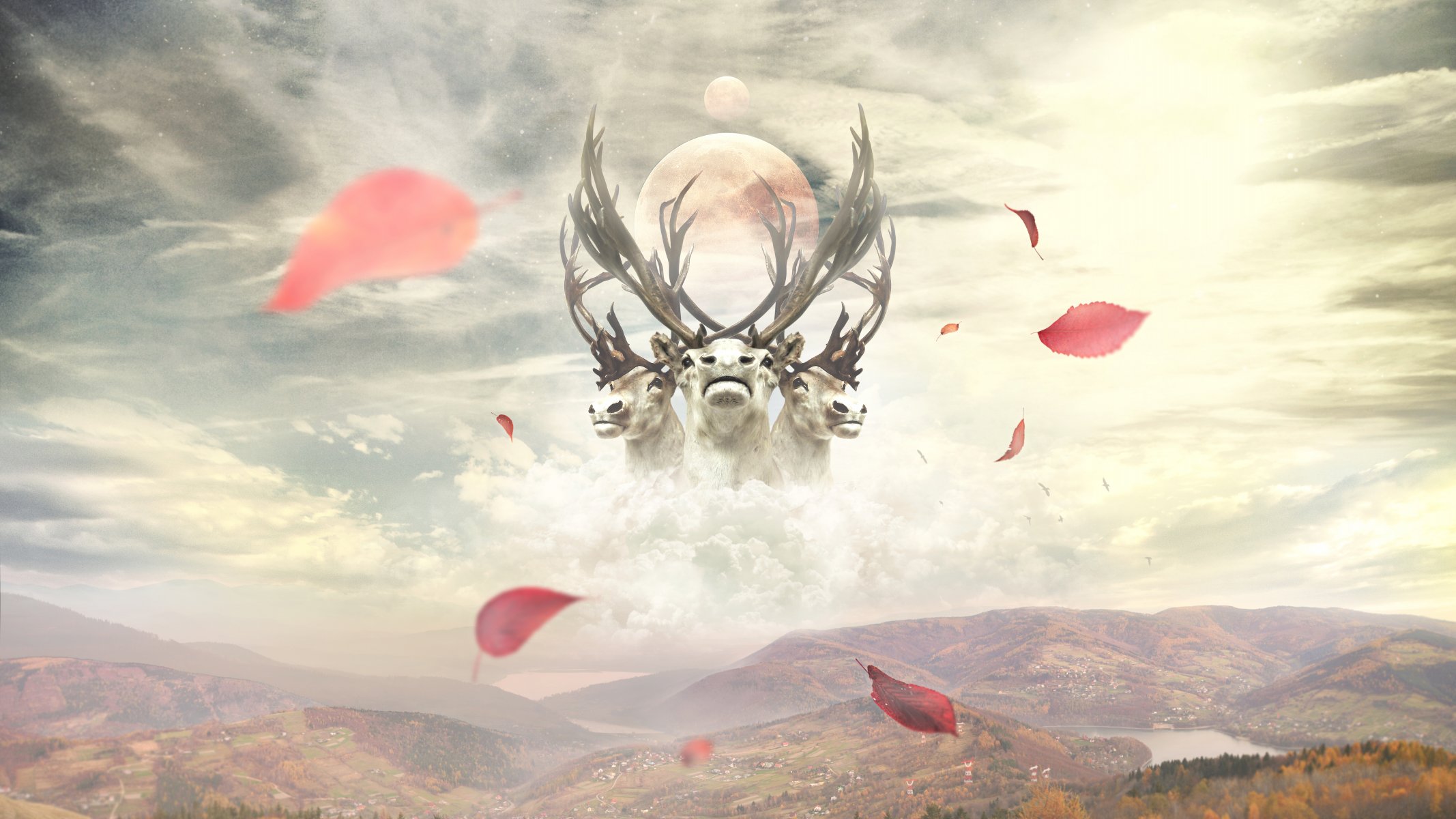 desktop wallpaper collage photo manipulation reindeer clouds mountain leave