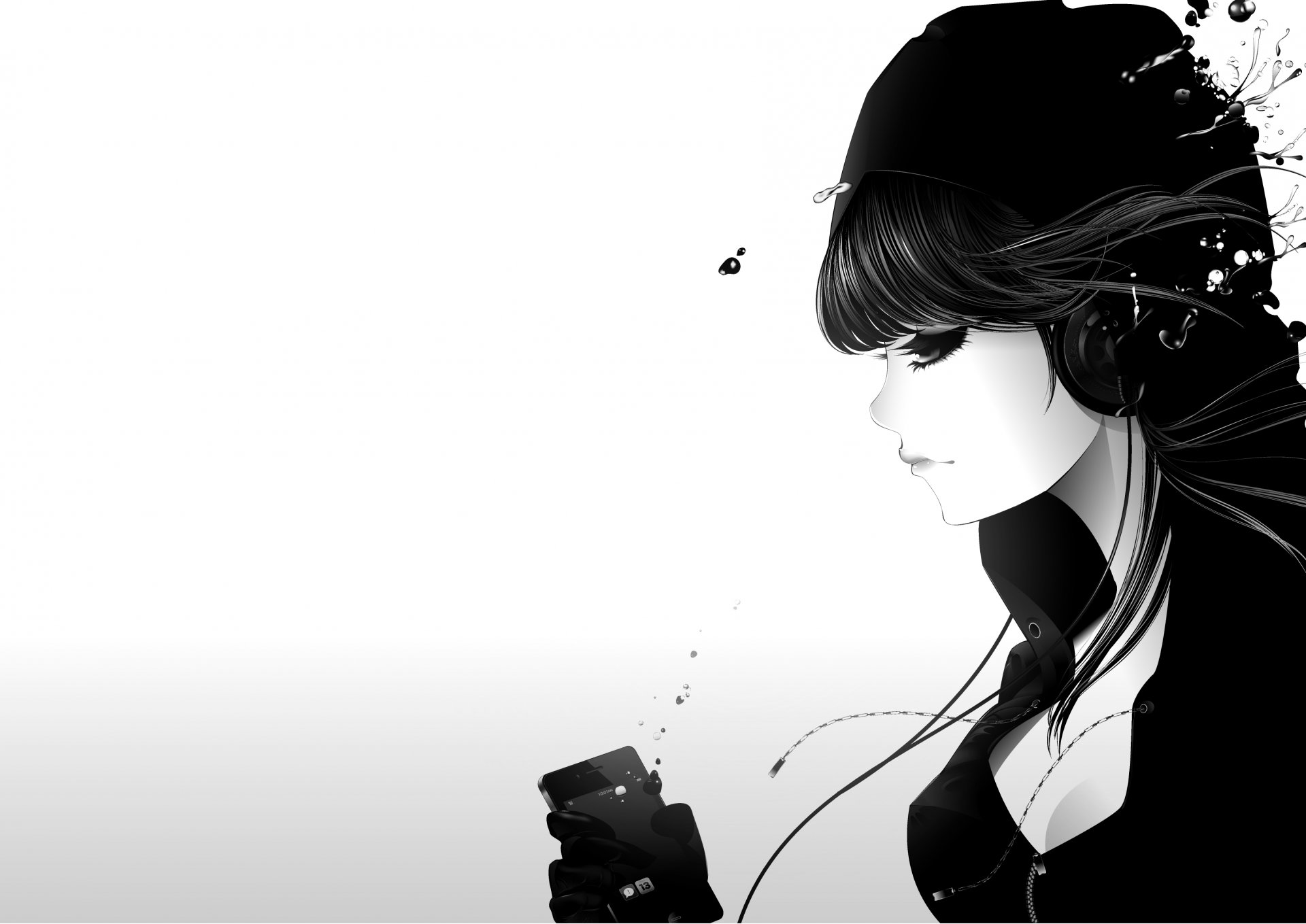 arte qsixtynine chica auriculares ipod música gotas perfil fondo blanco