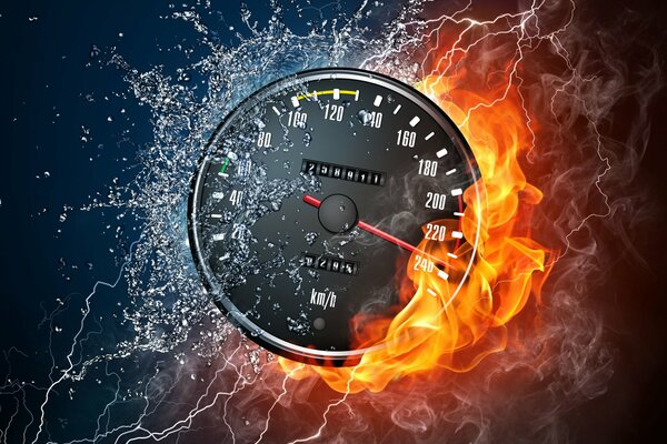 Tachometer mit Feuer und Wasser im Hintergrund