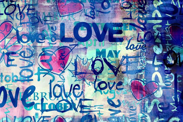 Inscriptions about love and hearts on a blue background