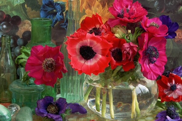 Still life of flowers in glass vases