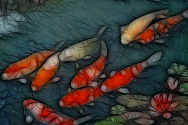 Abstract fish in the water. Water lilies in the water