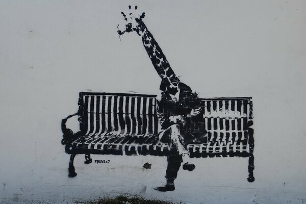 Girafe noir et blanc assis sur un banc