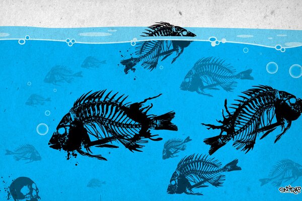 Skeletons of black fish in the water