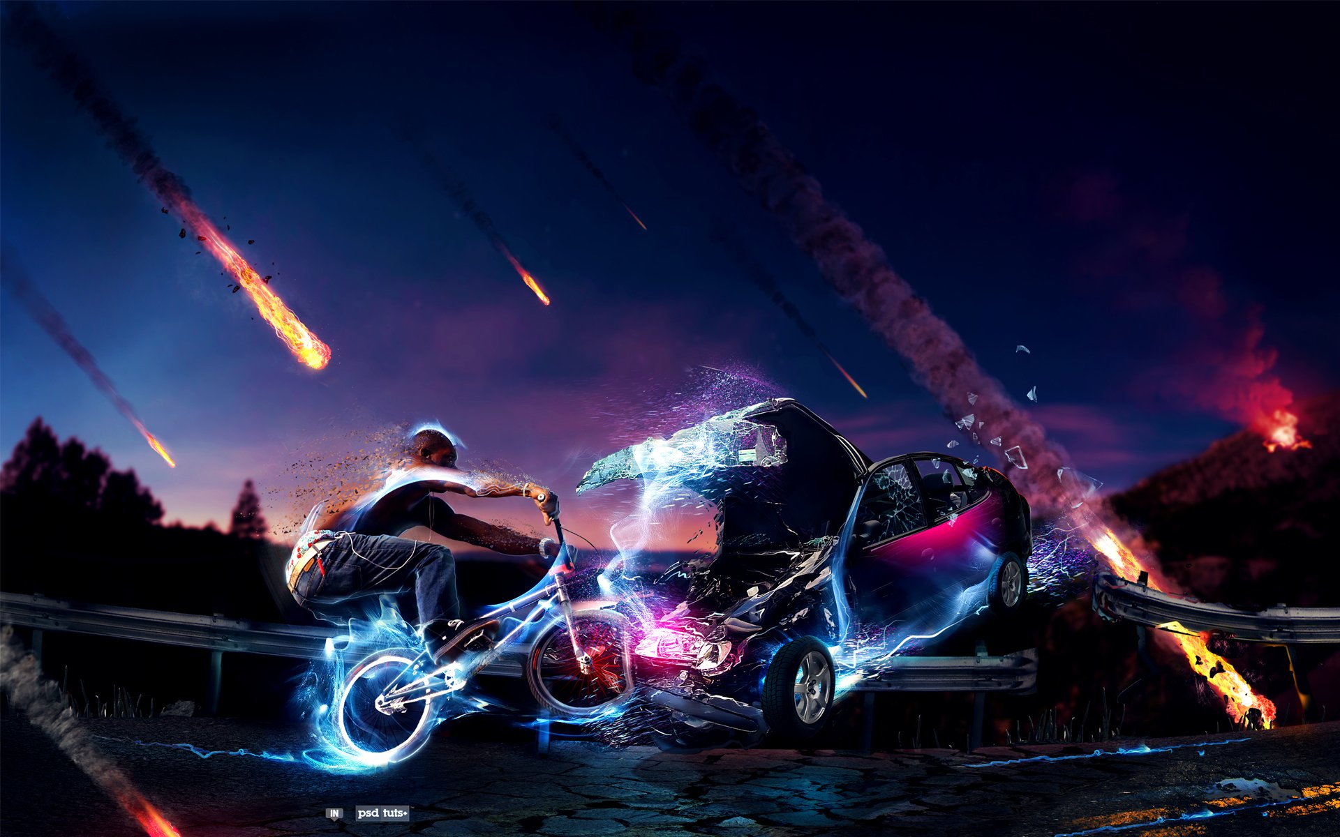 bmx man bike machine accident road meteorites sky lightning neon