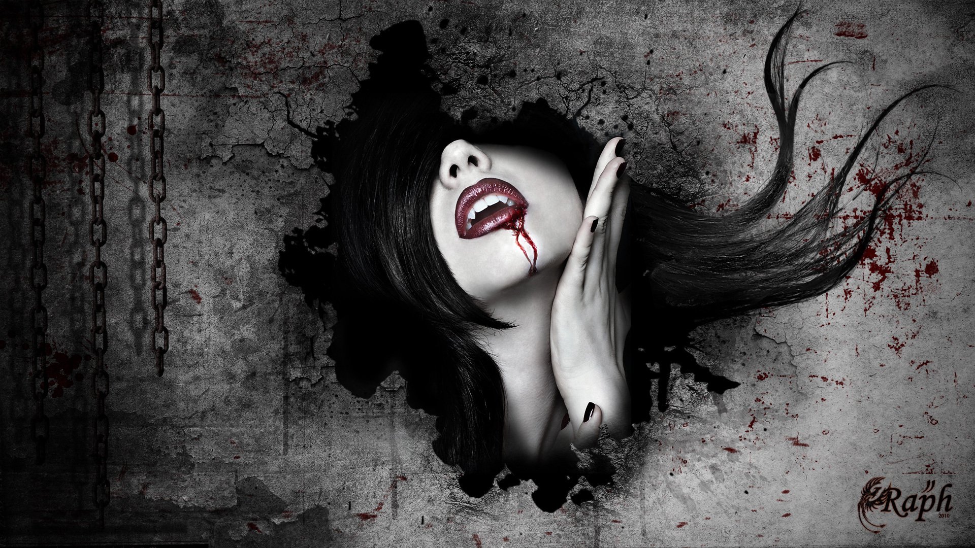 ragazza vampiro viso sangue muro