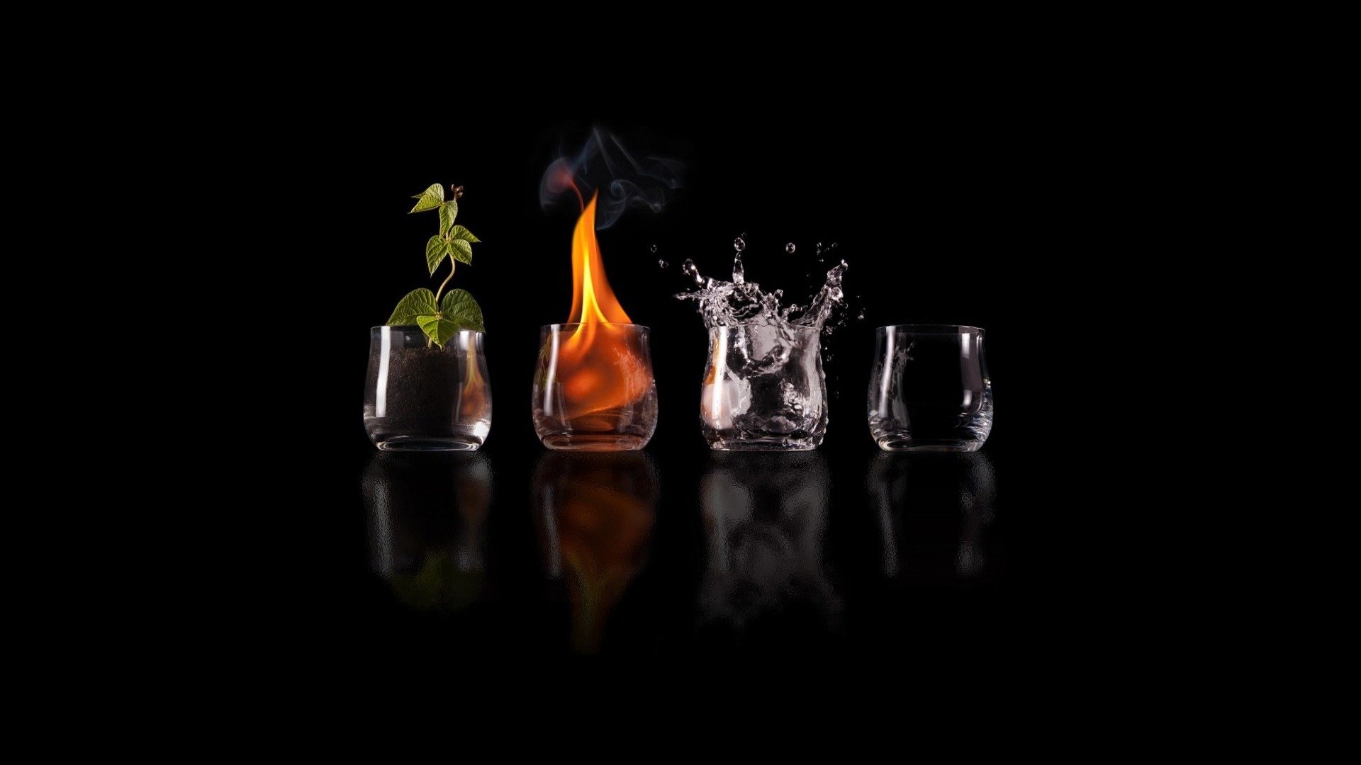 elements fire. water air land reflection glasse