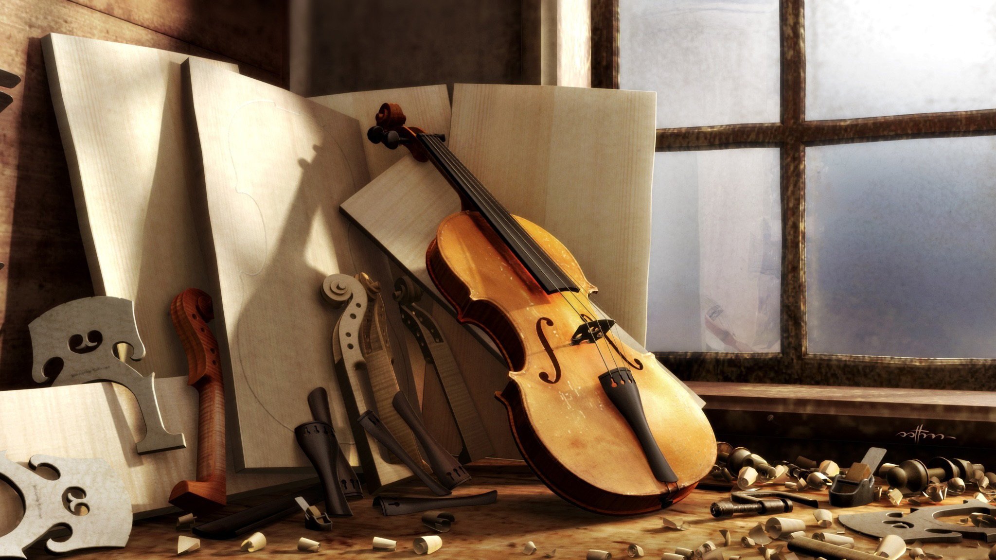 atelier bois violon fenêtre sciure de bois