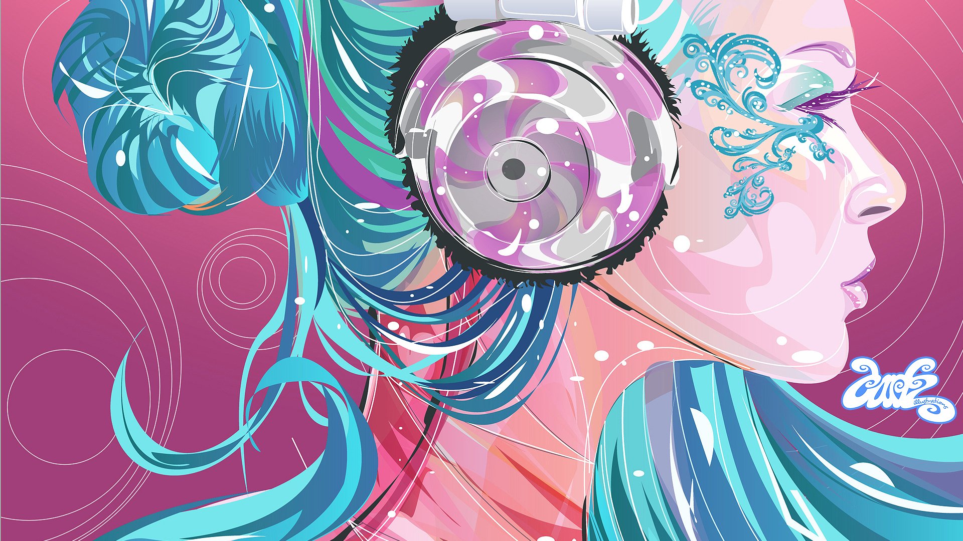 vector girl section headphones sinii hair bright flower