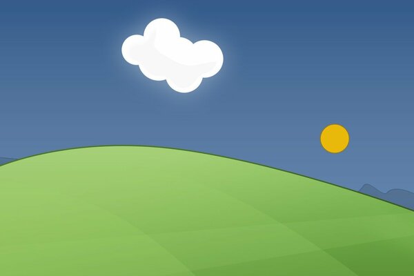 Blue sky, white cloud, yellow sun and green grass