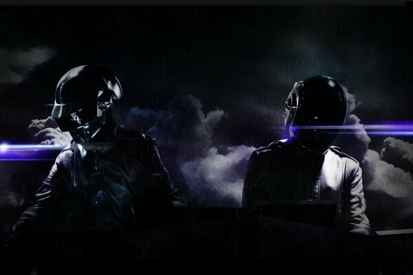 Two members of the daft punk band against the background of night clouds