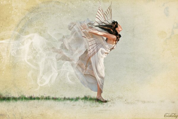 The flapping of the wings of a girl in a white dress