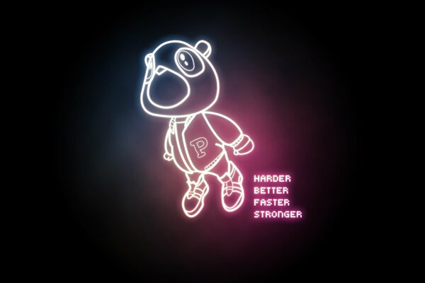 Neon-Cartoon-Figur, die den Text des Refrains des Liedes der Band daft punk - harder better faster stronger singt