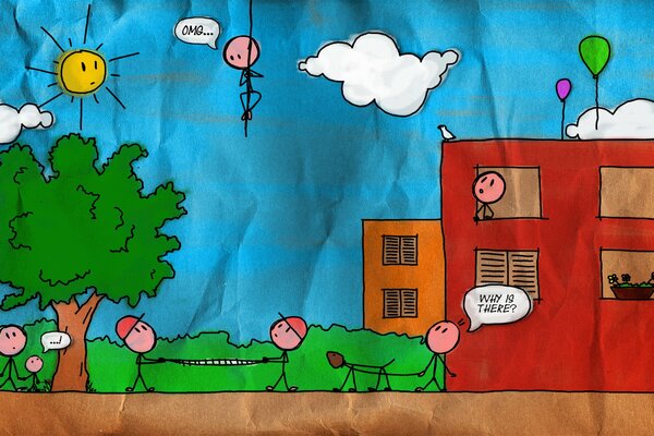 Drawing. Little men. House. Tree. Sky