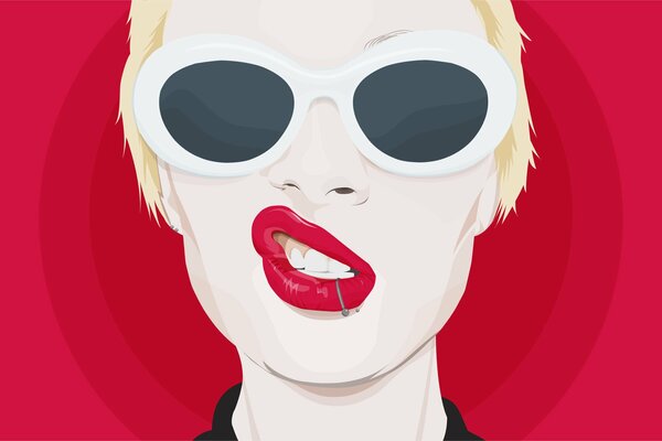 Blonde woman with glasses and bright red lipstick