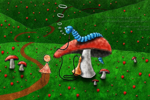 Cartoon caterpillar on a mushroom