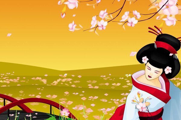 Geisha au Japon pendant la floraison de la saura