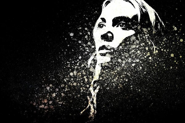 Image of a woman s head on a black background in luminous splashes