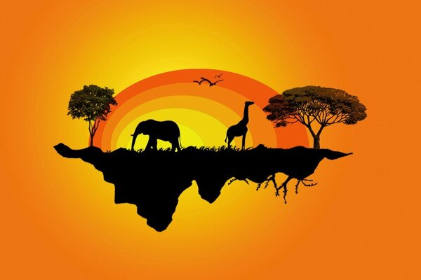 Gelbe Insel mit Giraffe und Elefant