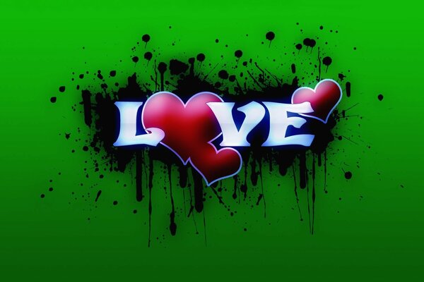 On a green background, the word love with hearts