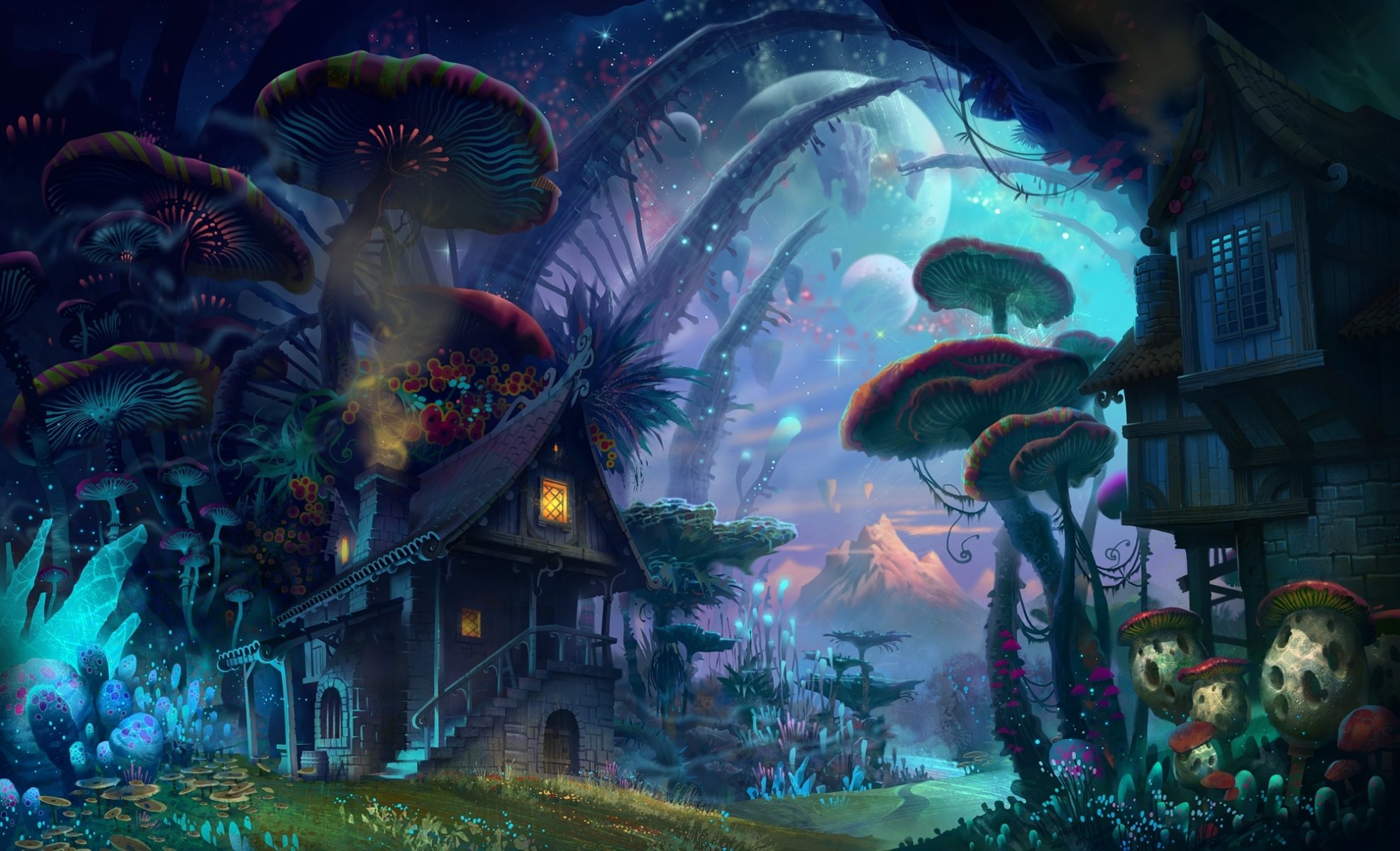 fiction fantasy house mushrooms mushroom forest moon sky light world