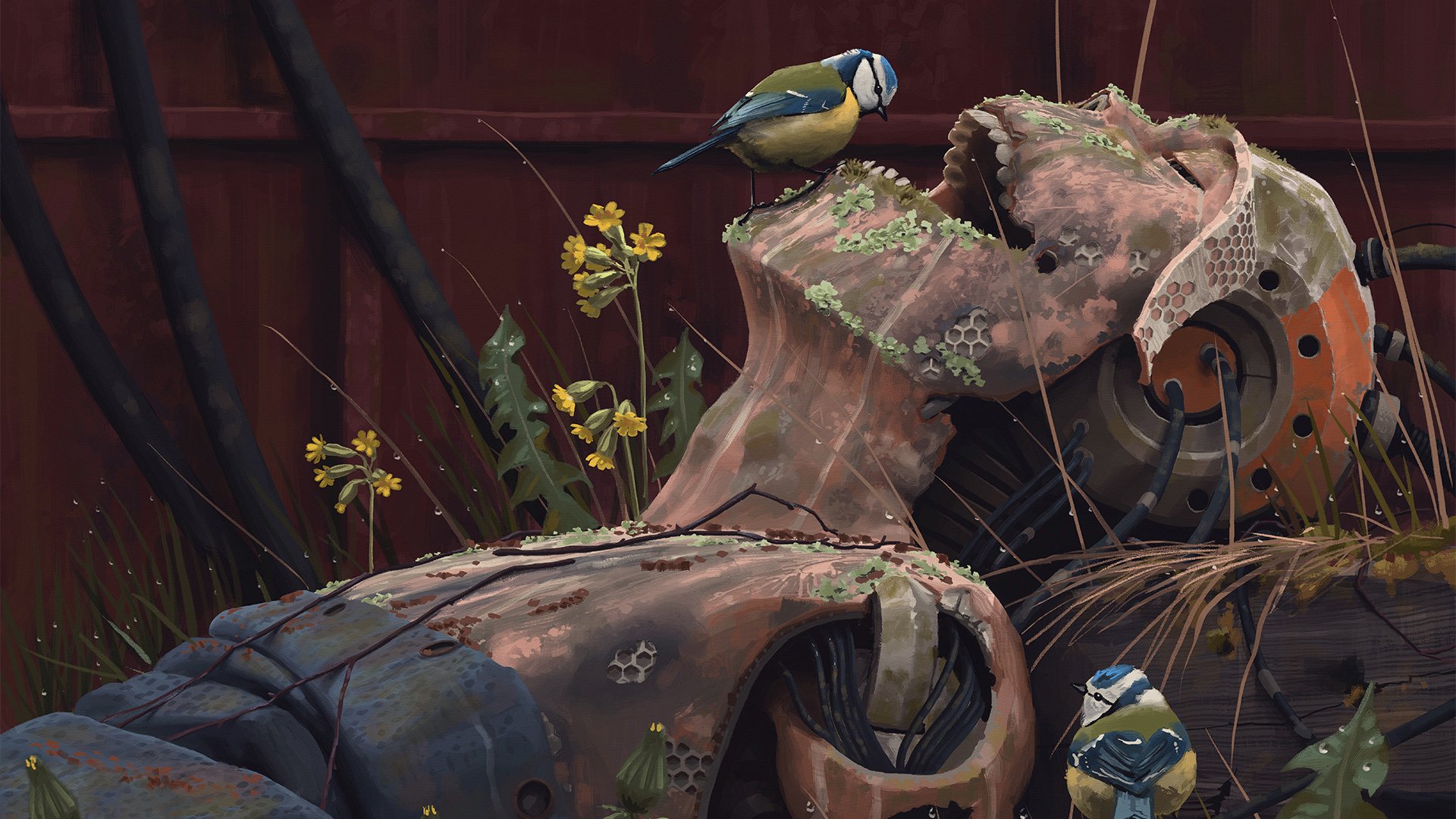 art simon stålenhag simon stålenhag artist robot cyborg fiction grass ruins bird