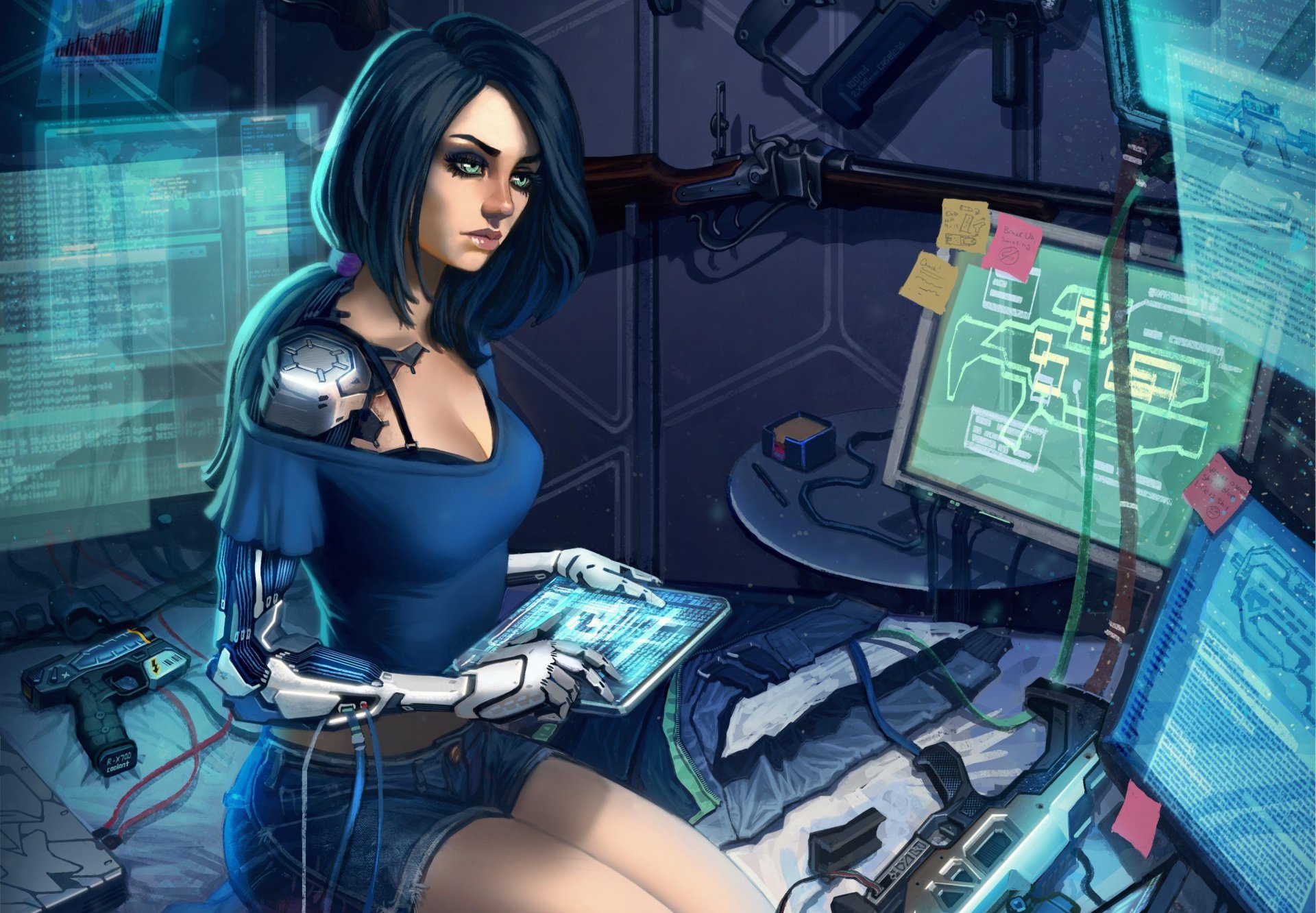 science-fiction art science-fiction cyborg fille vue technologie moniteurs