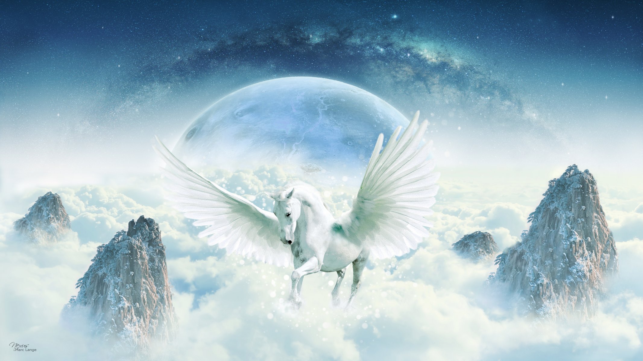 fantasía arte fantasía magia imaginación caballo caballo pegaso alas aleteo cubierta de nubes rocas horizonte firmamento cosmos vía láctea dispersión estelar planeta