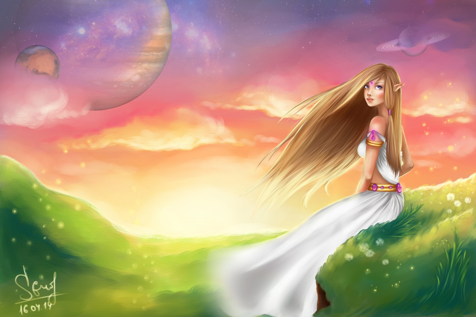 art fantasy elf sitting view dress hair nature sky