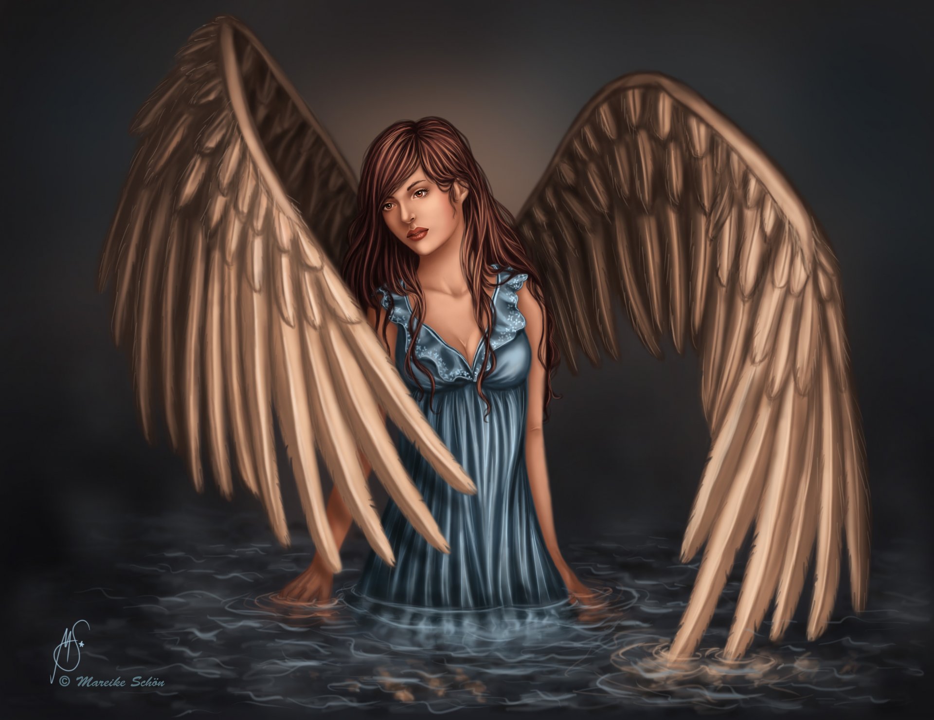 fiction art angel girl wings blue dress view face water reflection