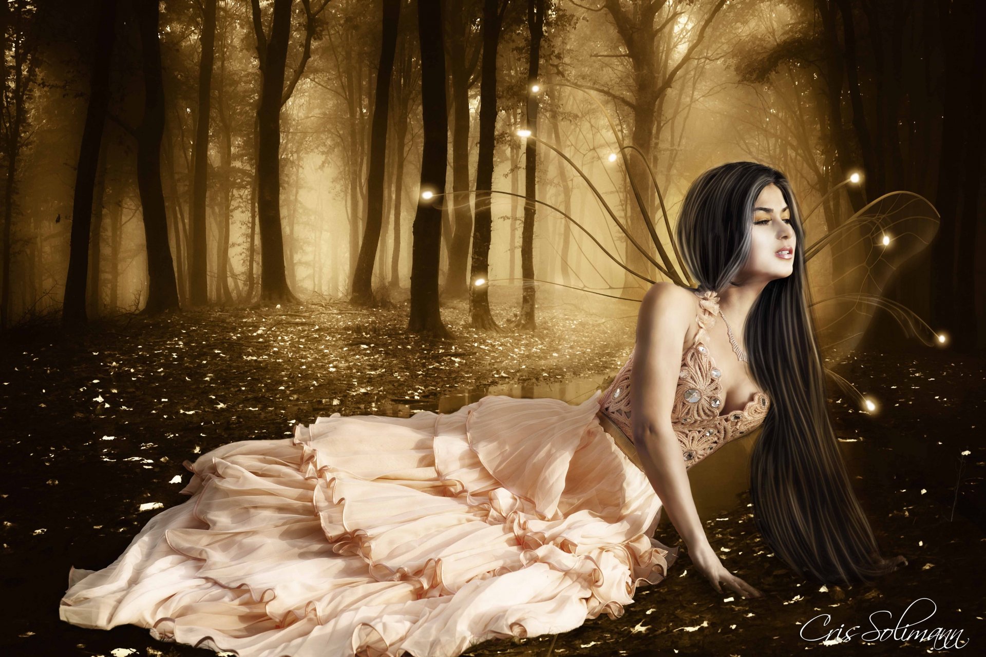 girl wings fairy lights dress face view hair long is forest tree