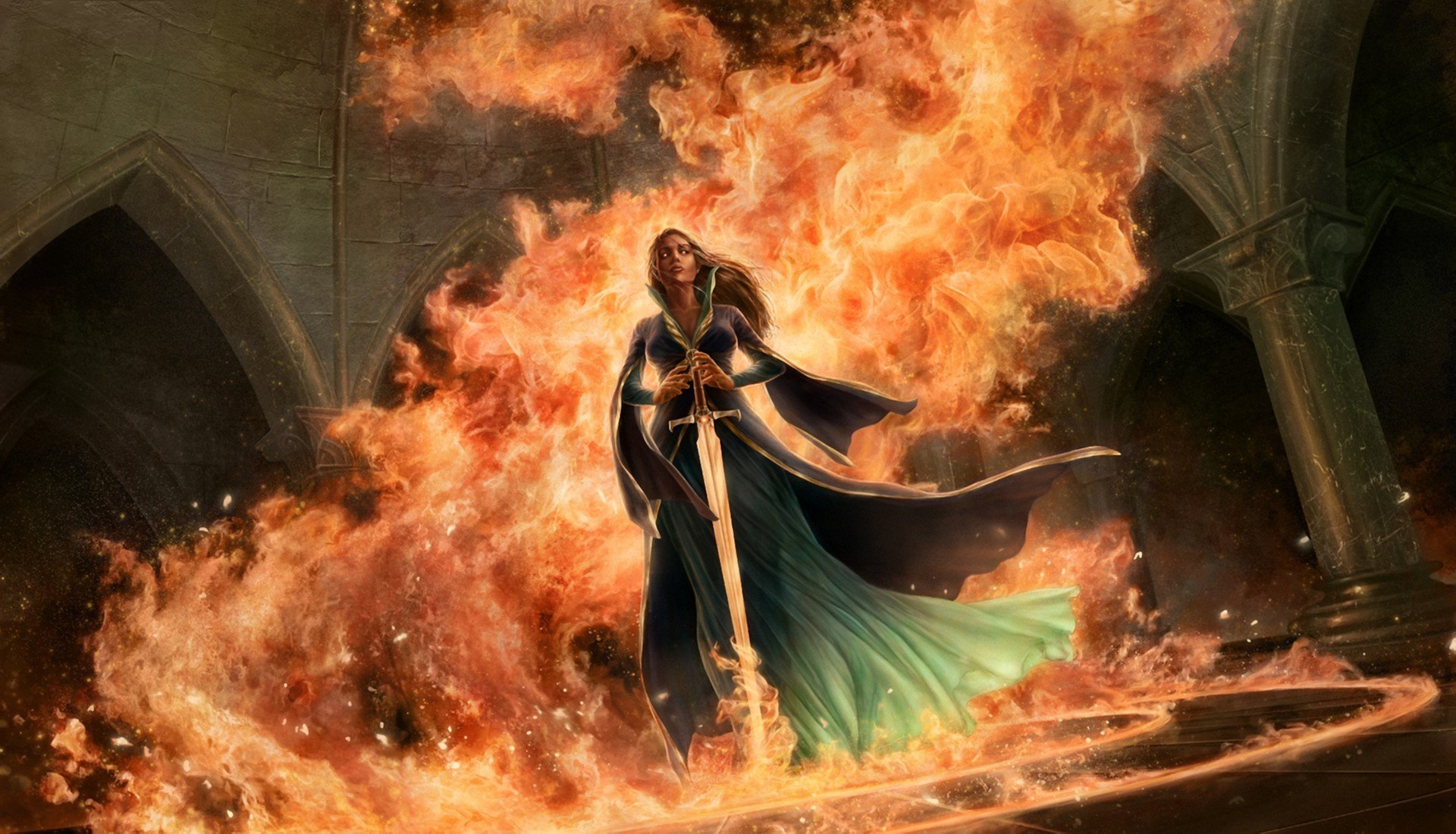 art fantasy girl sword fire flame magic dress following castle triomphe column