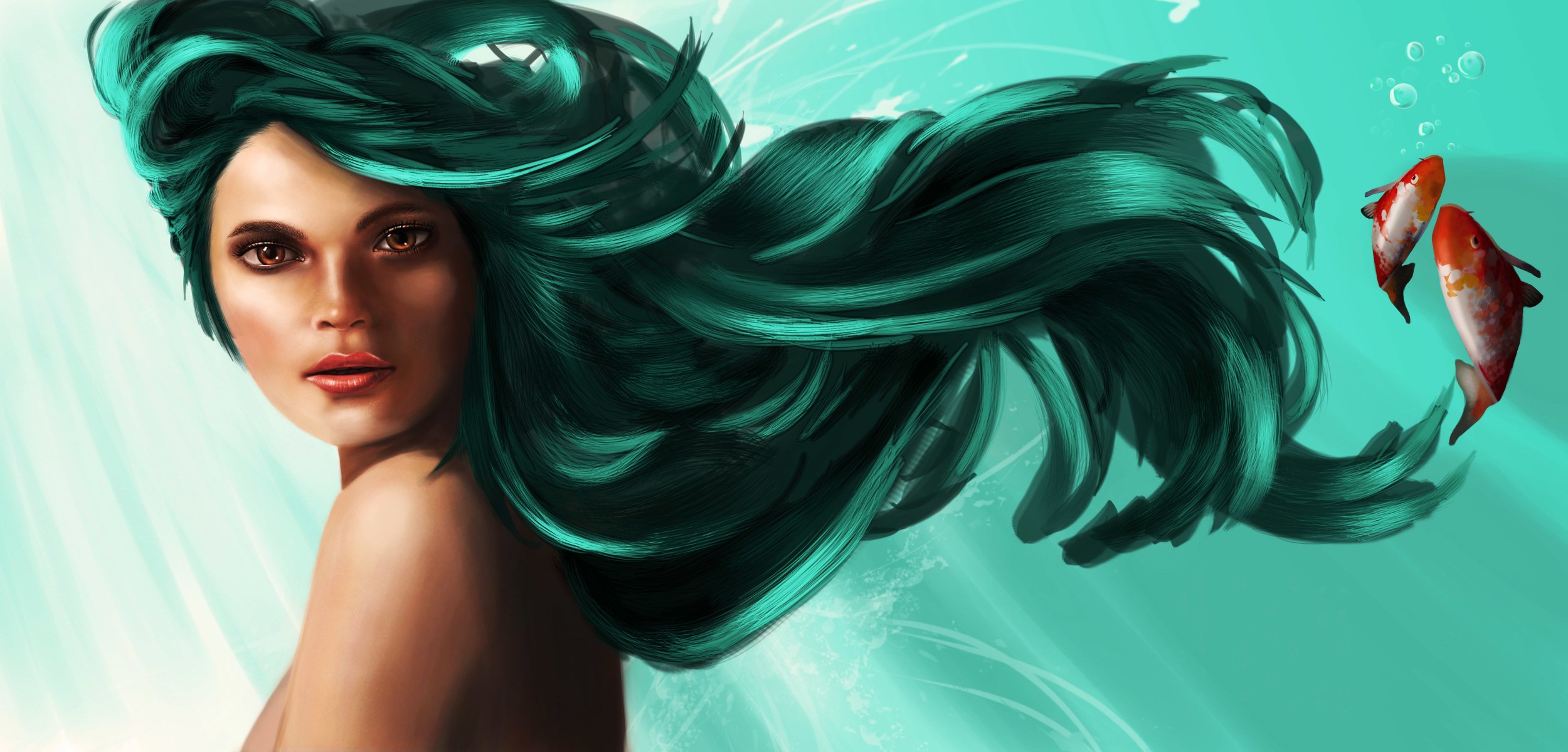 arte chica sirena mirada cara cabello verde hombros peces océano agua