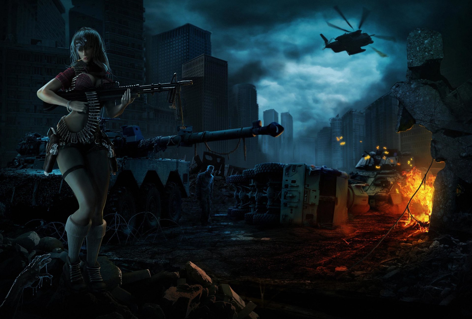 art town night girl weapon zombie machinery helicopters fire