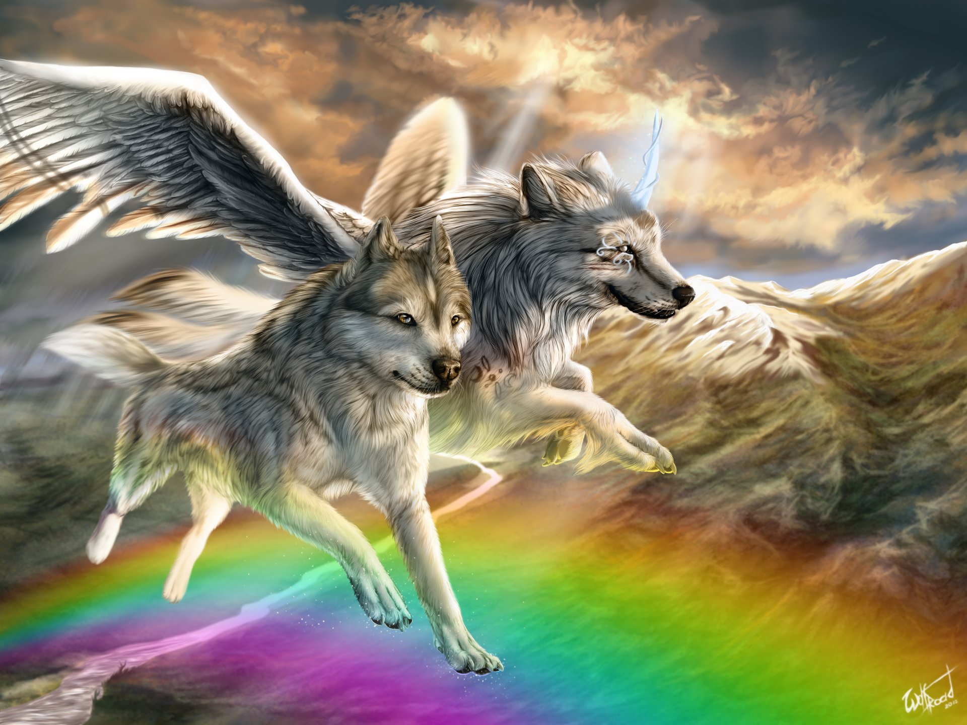 arte fantasía animales lobos pareja alas montañas río arco iris