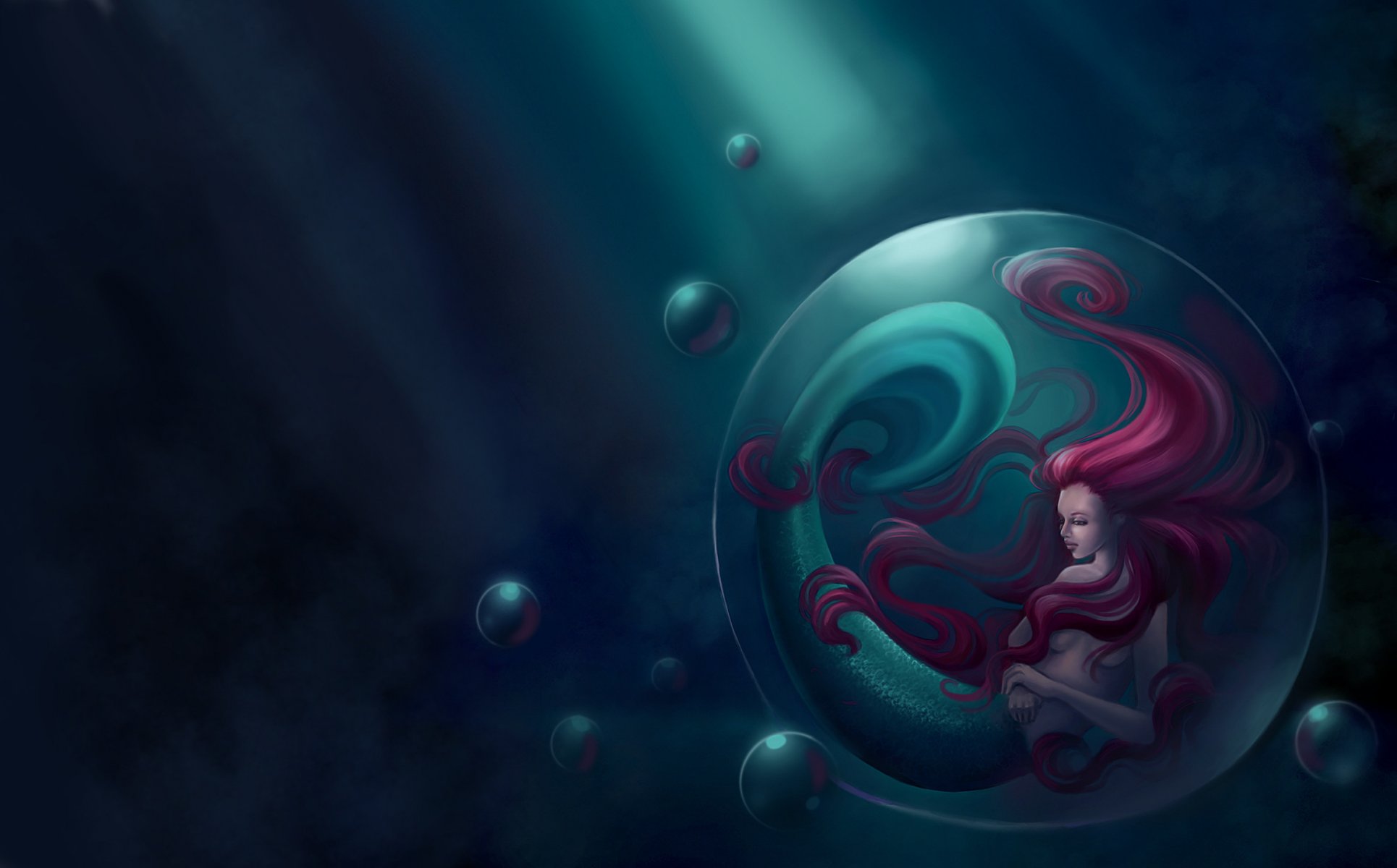 fiction art mermaid red hair tail fin bubble sea